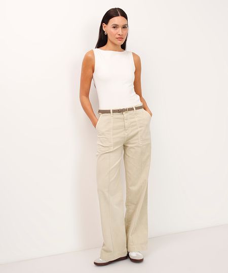 calça wide leg de sarja cintura alta com nervura sawary bege 36