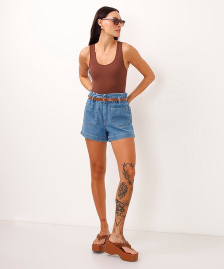 short clochard jeans cintura alta com cinto azul 36