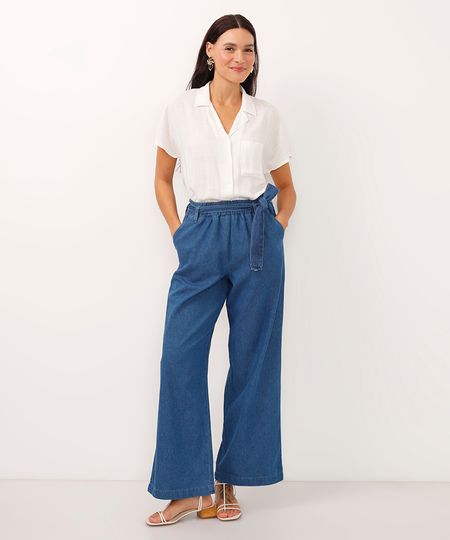 calça wide leg jeans cintura alta com cinto faixa azul 34