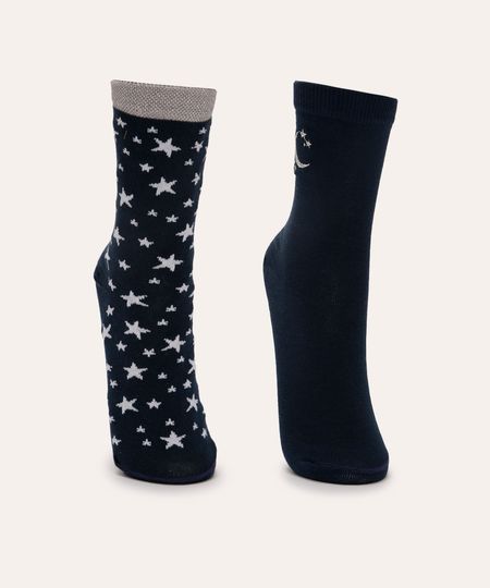 kit 2 pares de meias lua e estrelas azul marinho 34-39