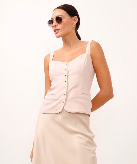 regata de alfaiataria com linho e botões rosa GG regata de alfaiataria com linho e botões rosa GG