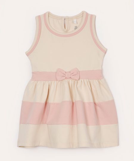 vestido infantil de algodão listrado bege 6-9