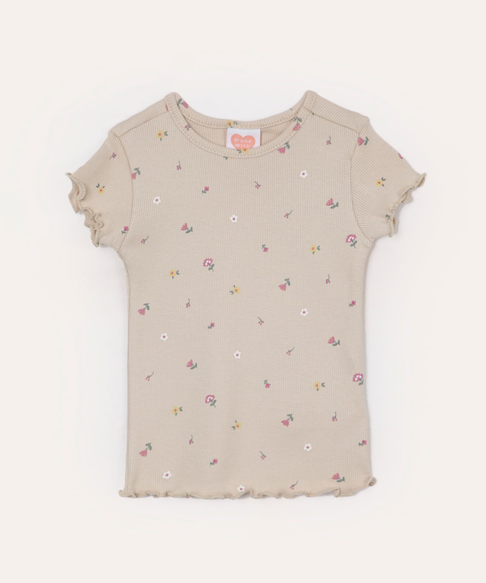 blusa infantil de algodão floral fru fru bege