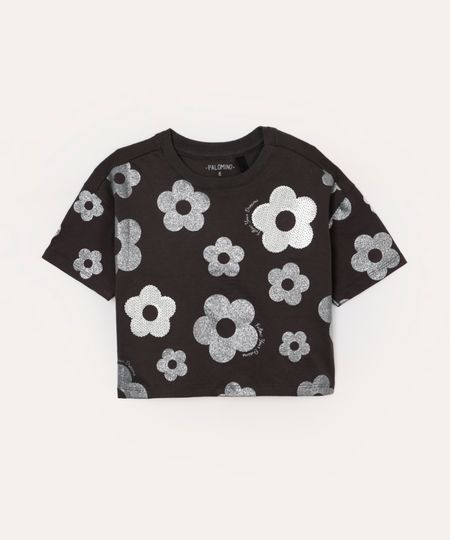 camiseta de algodão infantil floral com paête cinza 8
