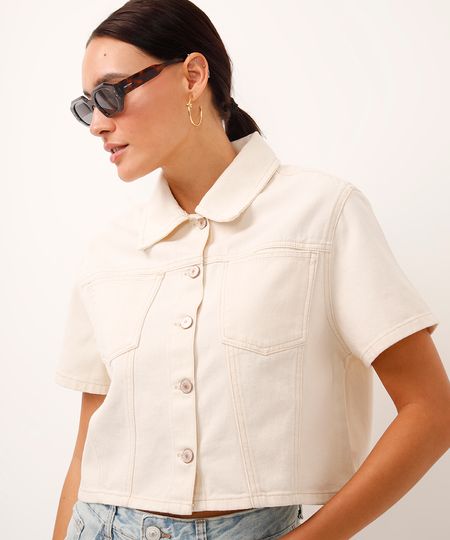 camisa cropped de sarja manga curta bege P