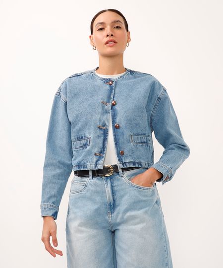 jaqueta cropped jeans decote redondo azul M