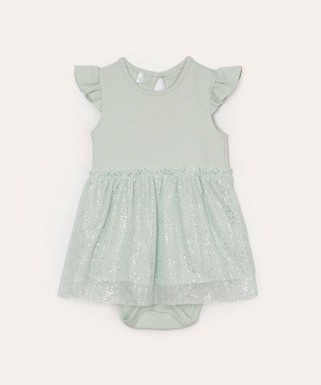 body infantil com saia de tule brilho verde 9-12