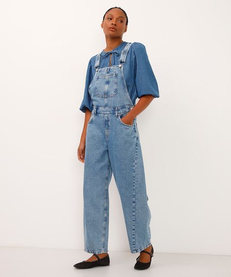 jardineira barrel jeans azul 42