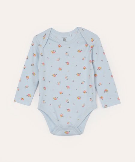 body infantil de algodão floral manga longa - azul 6-9