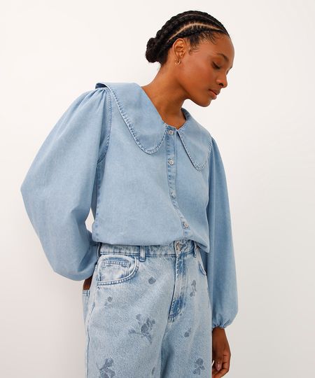 camisa jeans gola boneca manga bufante azul P