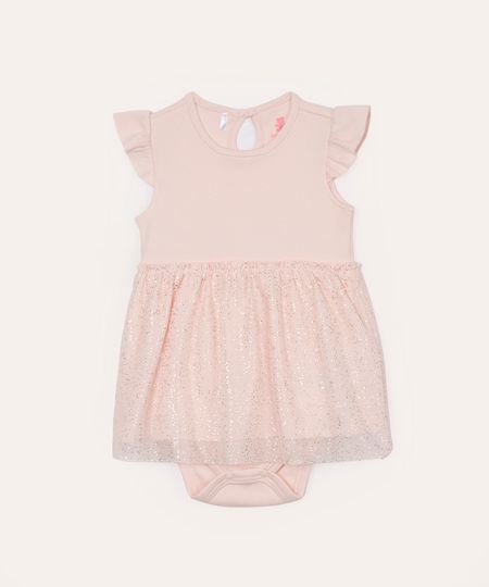 body infantil com saia de tule brilho rosa 3-6