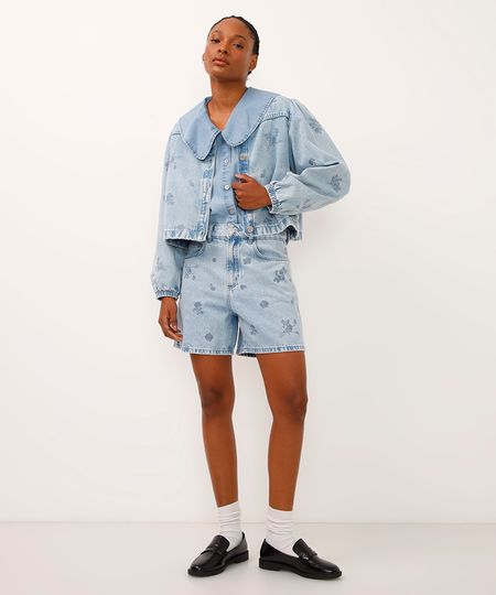 bermuda mom jeans cintura alta com borbado floral azul 36 bermuda mom jeans cintura alta com borbado floral azul 36