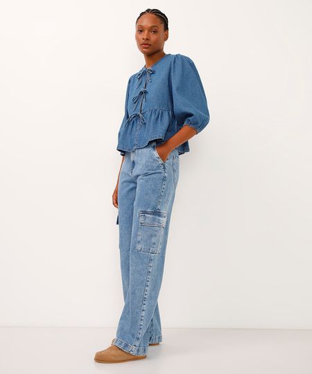 calça jeans wide leg slim cargo cintura alta azul 36