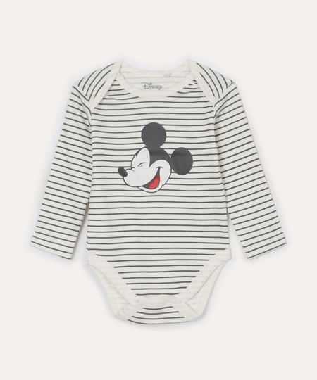 body infantil listrado mickey manga longa off white 3-6