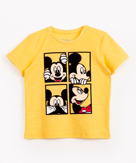 camiseta infantil de algodão mickey flocado manga curta amarelo 1
