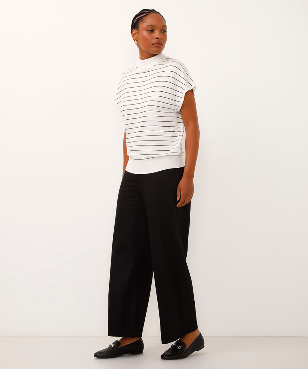 calça wide leg cropped de alfaiataria cós com elástico preta