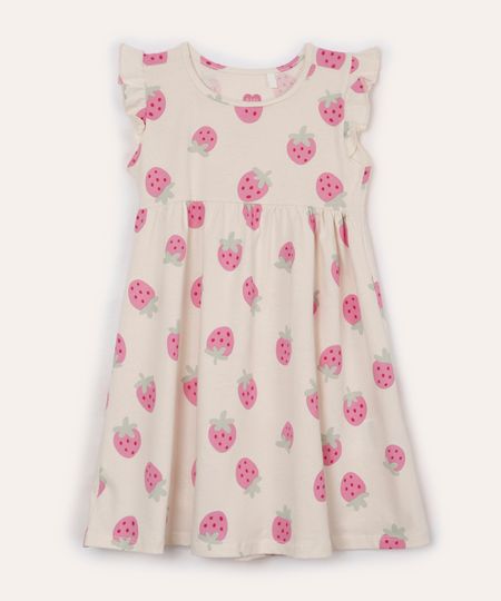 vestido infantil de algodão morangos bege 1 vestido infantil de algodão morangos bege 1