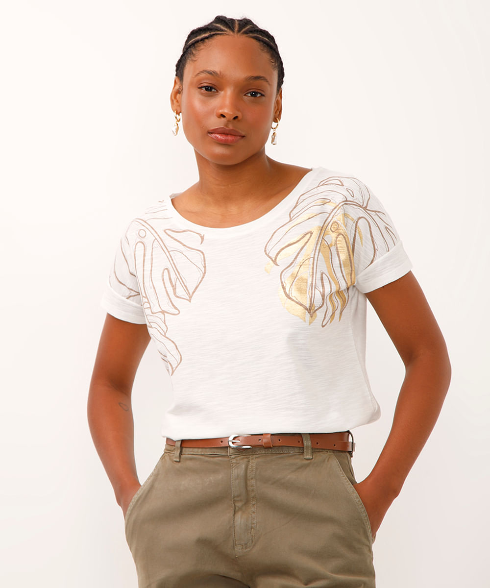 camiseta de algodão manga curta folhagem metalizada off white