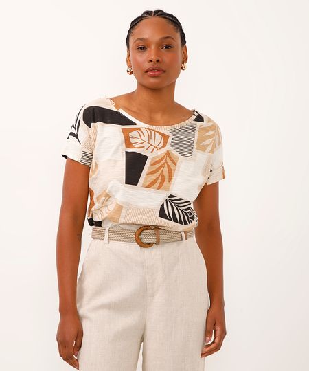 camiseta de algodão manga curta floral bege PP camiseta de algodão manga curta floral bege PP