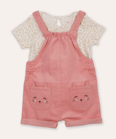 jardineira de sarja curta com blusa animal print infantil - rosa velho 3-6