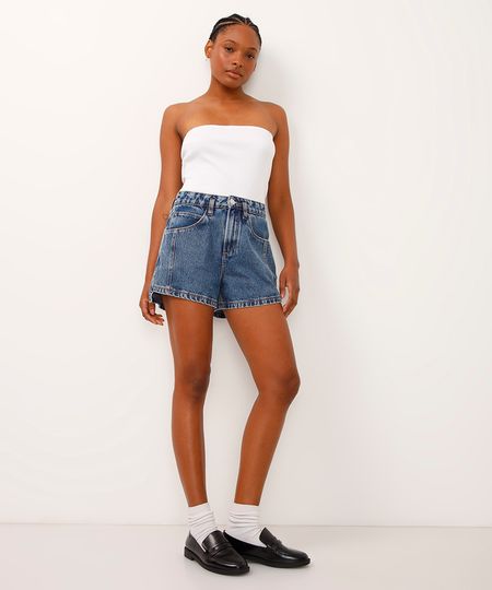 short curto jeans cintura super alta com recorte azul 36