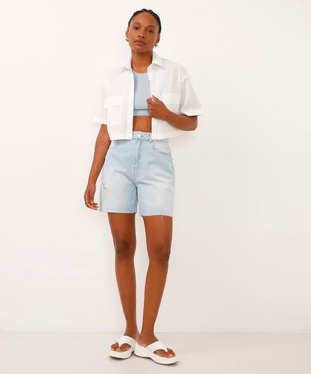 bermuda mom jeans cintura média destroyed - jeans claro 36