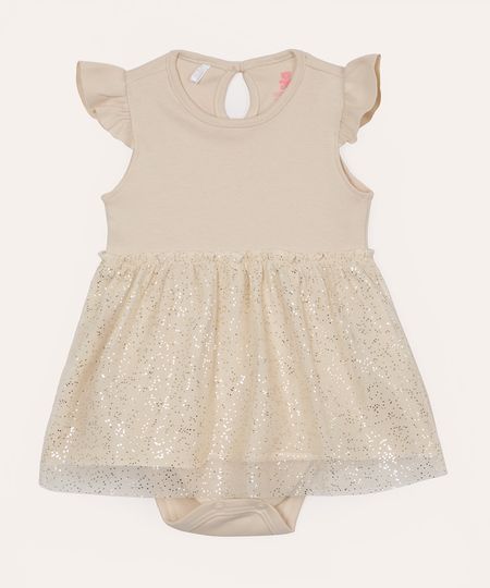 body infantil com saia de tule brilho bege 3-6