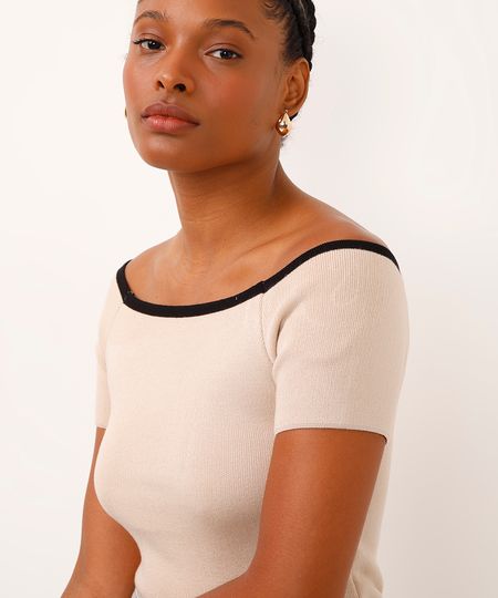 blusa de tricot ombro a ombro bicolor bege PP