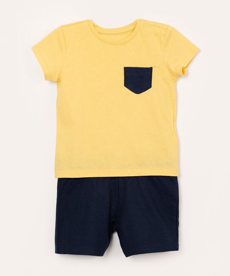 conjunto de algodão infantil manga curta com bolso azul marinho 1