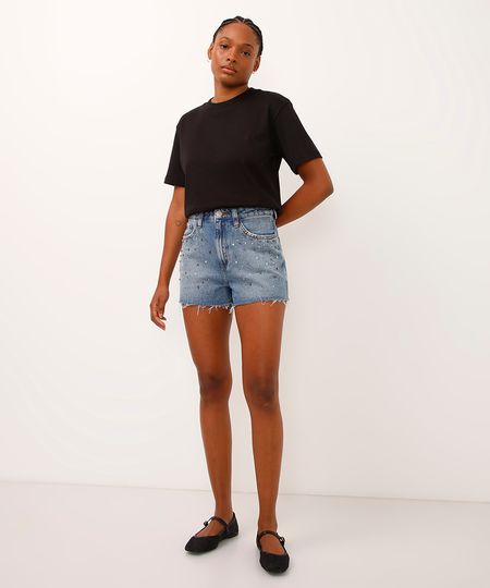short jeans cintura super alta com brilhos azul médio 34 short jeans cintura super alta com brilhos azul médio 34