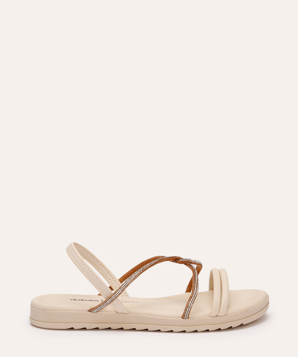 rasteirinha flat tira de strass dakota bege