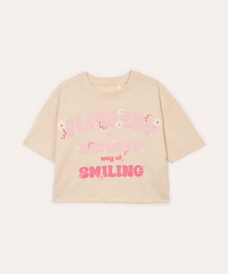 camiseta de algodão infantil manga curta flowers bege 4