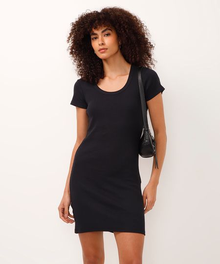 vestido curto de algodão canelado preto P