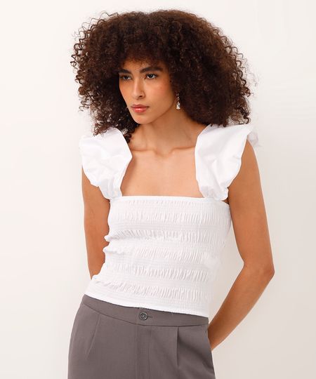 blusa cropped franzido alça bufante off white PP