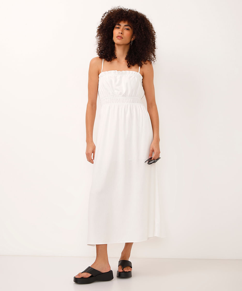 vestido midi com linho e franzido off white