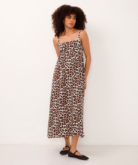 vestido midi de viscose alça fina animal print bege P