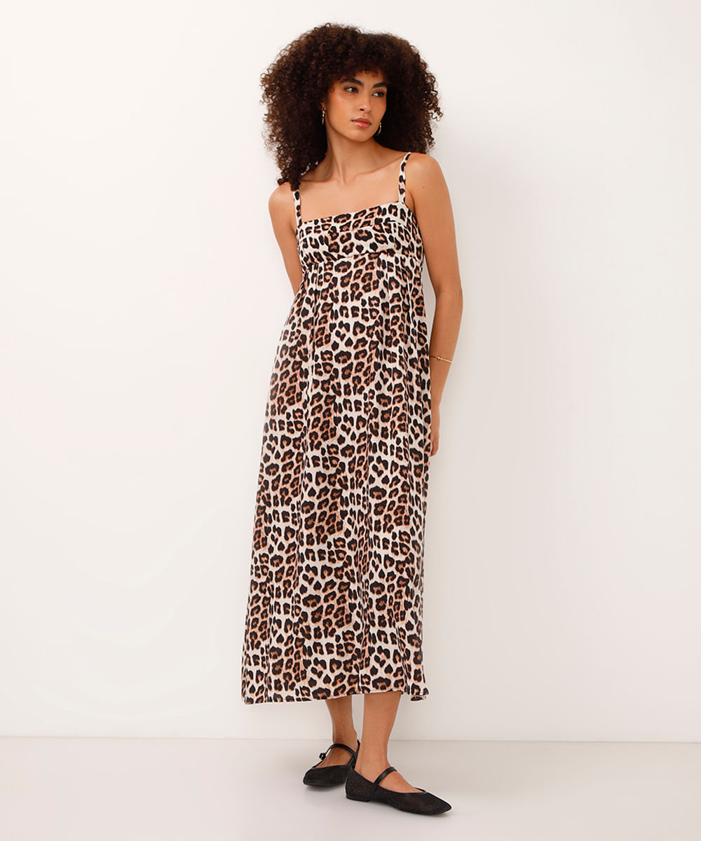 vestido midi de viscose alça fina animal print bege