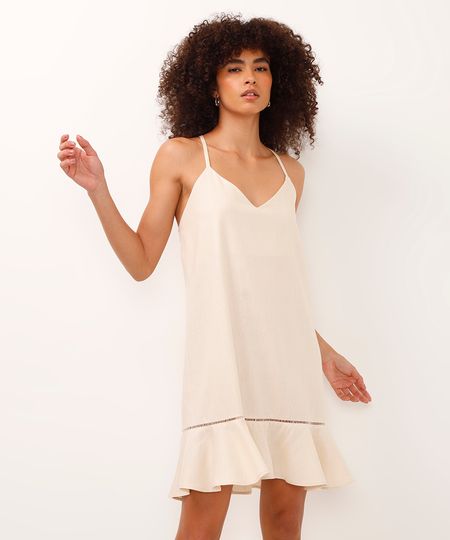 vestido curto com linho decote v bege PP