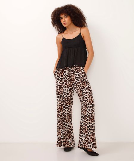 calça wide leg de viscose animal print bege PP calça wide leg de viscose animal print bege PP