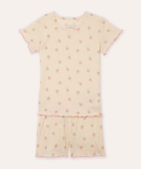 pijama curto infantil com fru fru e moranguinhos off white 6