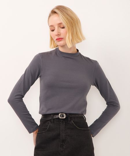 blusa de algodão gola alta manga longa cinza G