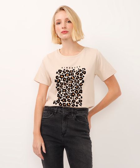 camiseta de algodão animal print kindness bege P camiseta de algodão animal print kindness bege P