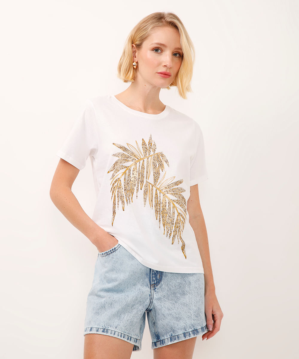 camiseta de algodão manga curta folhagem metalizada off white
