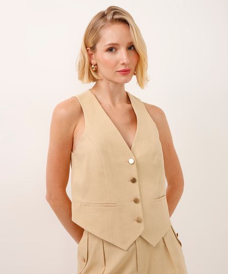 colete alfaiataria com linho e botões bege PP colete alfaiataria com linho e botões bege PP