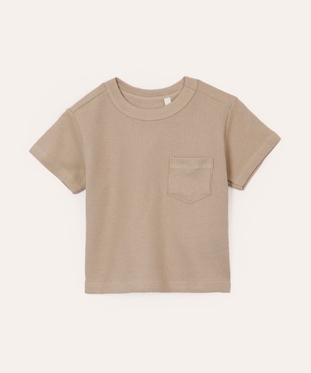camiseta de algodão infantil com bolso texturizada bege 5