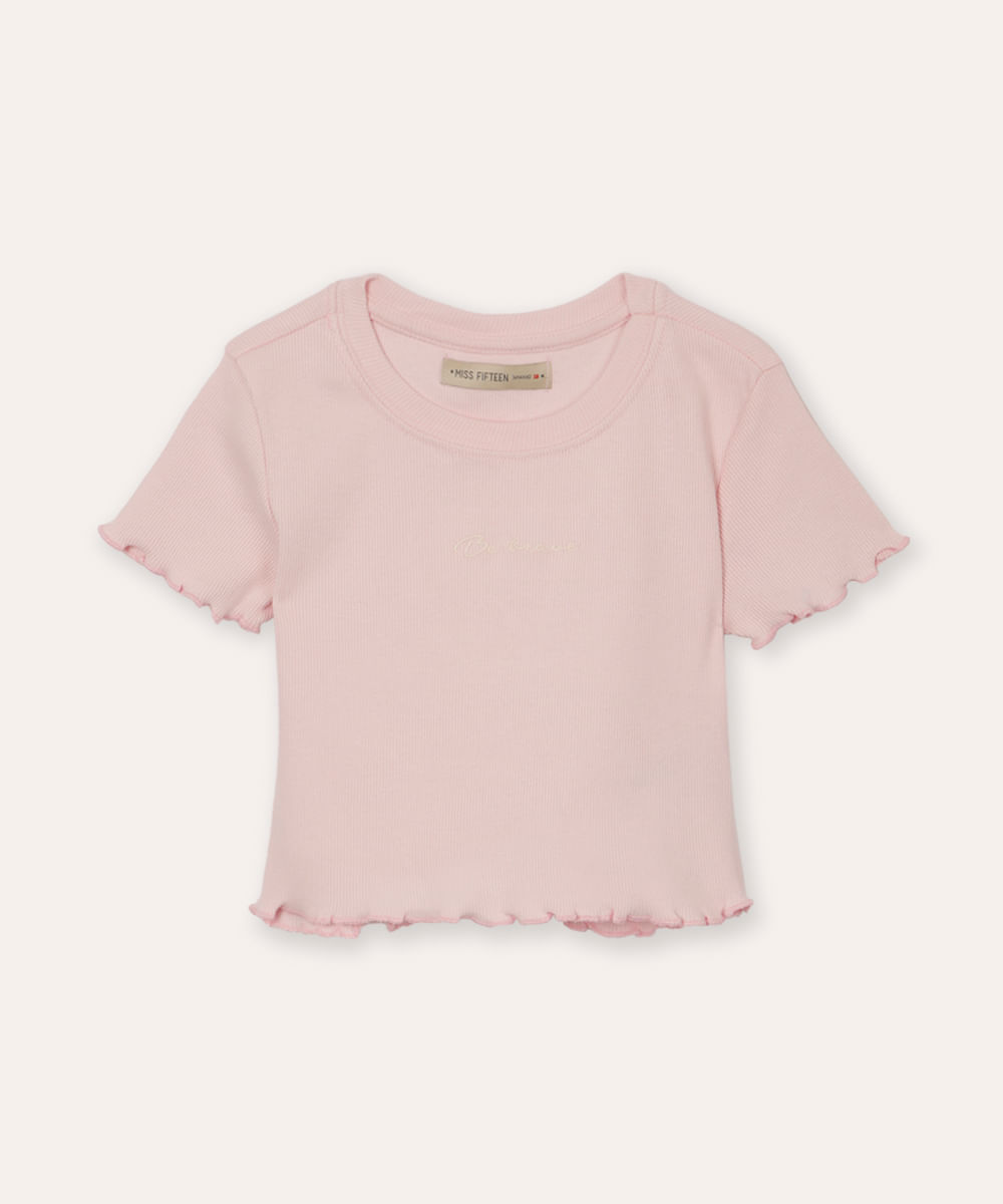 camiseta cropped de algodão juvenil be brave com fru fru rosa