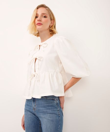 blusa de sarja manga bufante com laços off white PP