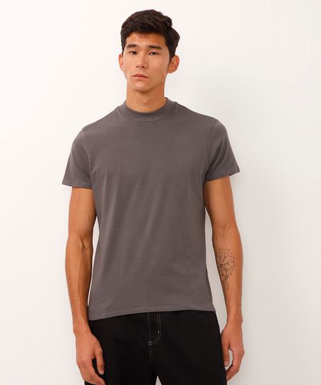 camiseta slim de algodão gola alta manga curta cinza M