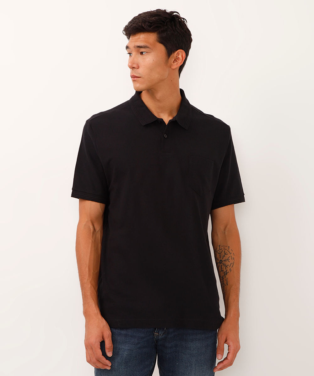 polo de algodão com bolso preto