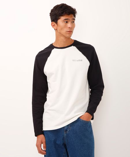 camiseta de algodão manga longa raglan bicolor preta M